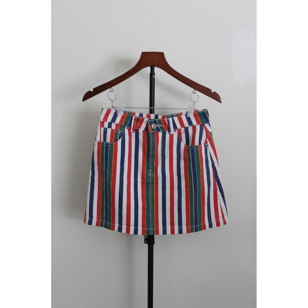 Forever‎ 21 Women's Multi Color Striped Denim Mini Skirt Red Blue Green Size S
